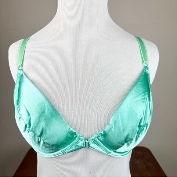 Victorias Secret Green Satin Vintage 90s Push Up Second Skin Bra 34C - Picture 1 of 7